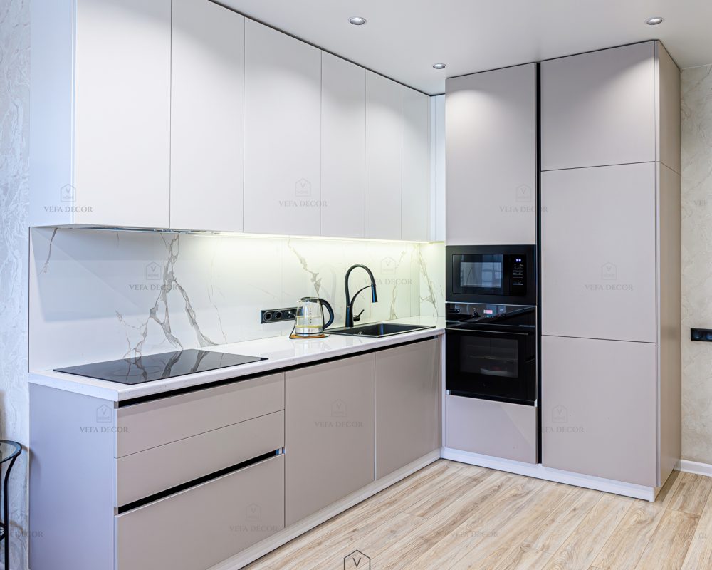 interior apartment kitchen and dining room, refectory area, cooking equipment, table furniture, stove