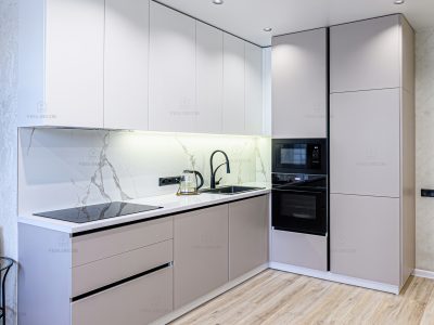 interior apartment kitchen and dining room, refectory area, cooking equipment, table furniture, stove