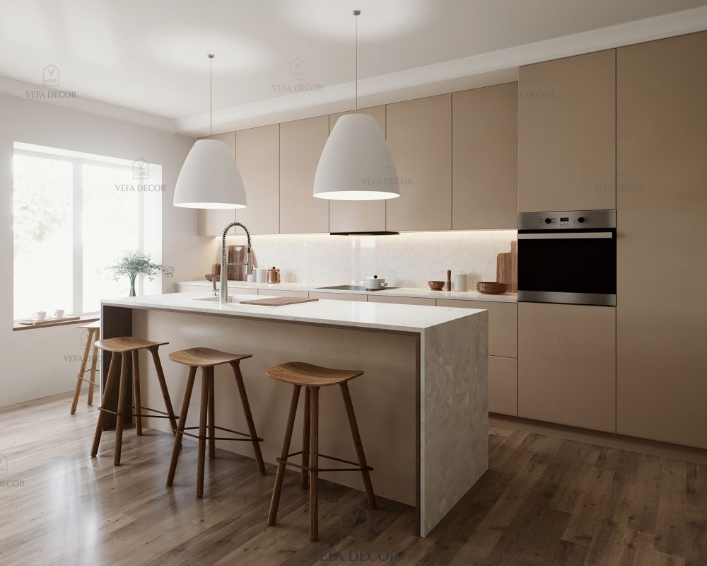 A stylish and modern kitchen that features elegant lighting along with beautiful natural materials to enrich it. 3d render. 3D Illustration