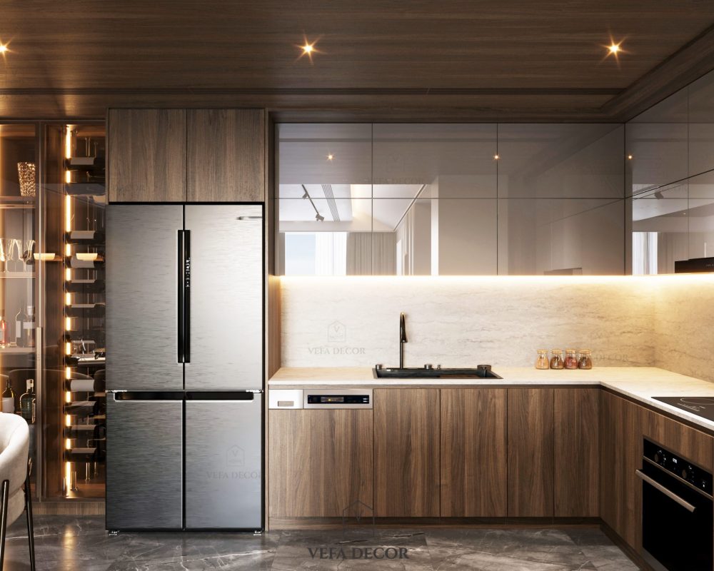 Modern minimalist kitchen featuring clean lines, sleek cabinetry, and a neutral color scheme